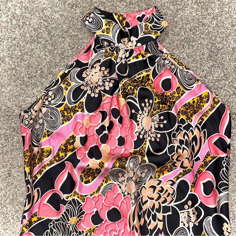 100% Silk Floral Halter High Neck Top Pink Black Gold 1960s Inspired Retro Print - Picture 2 of 6